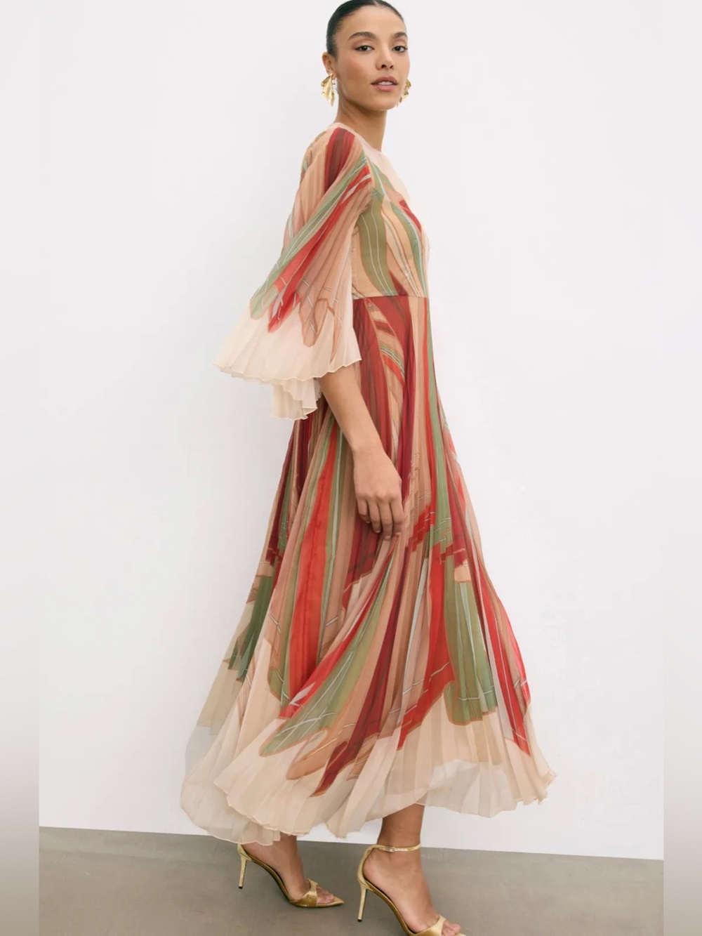 La DoubleJ Sound Bath Techno Chiffon Twist Dress Green Red Tan Size Medium
